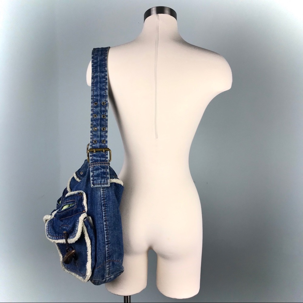 Gap 1969 Blue Denim Shearling Hobo Bag Jean Purse - Picture 4 of 14